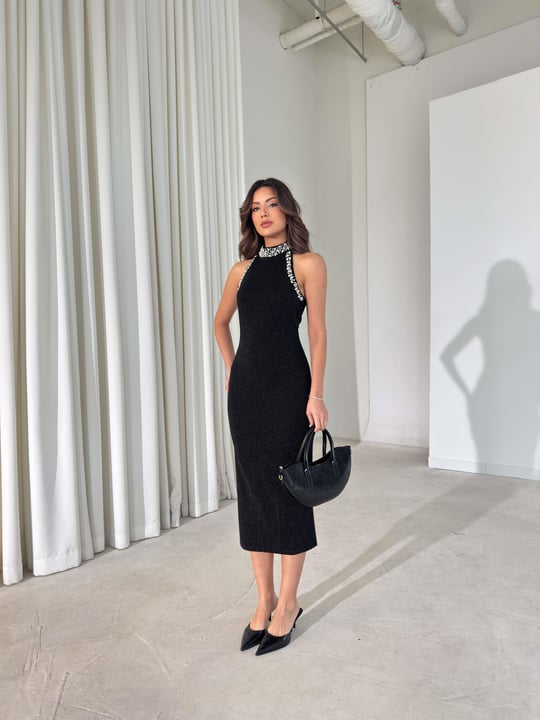 Taş Detaylı Parlak Evrin Siyah Kadın Elbise 26Y002