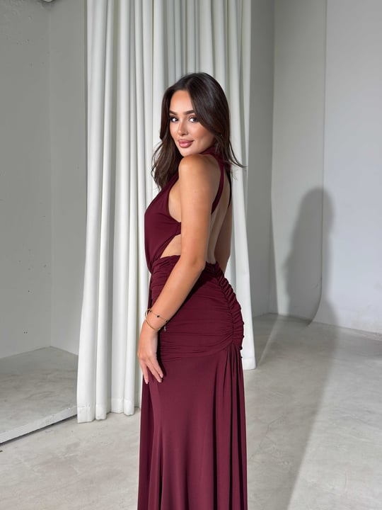Sırtı Açık Halter Yaka Maxi Boy Bordo Felix Kadın Elbise 26Y541