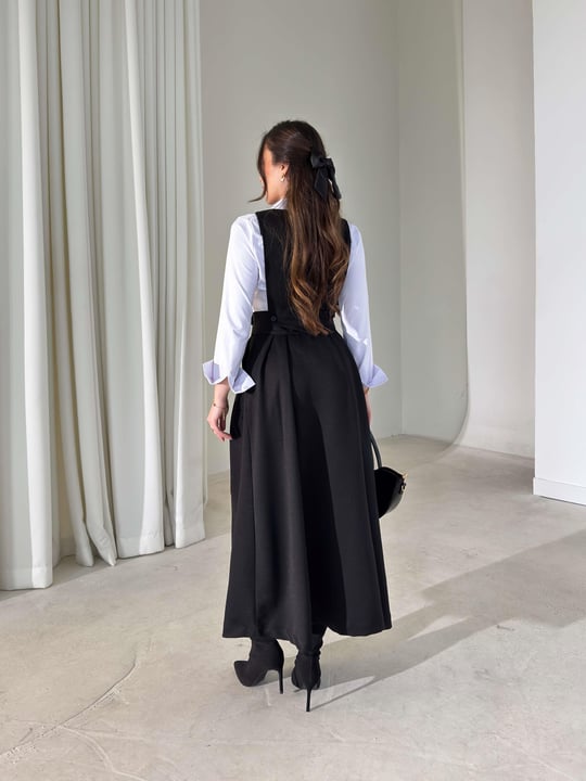 Düğmeli Pileli Üstü Ayrılabilir Girende Siyah Kadın Elbise 26K391