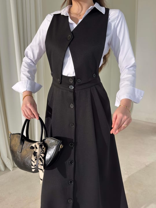 Düğmeli Pileli Üstü Ayrılabilir Girende Siyah Kadın Elbise 26K391