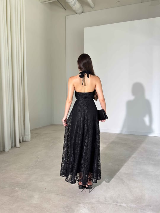 Boyundan Düğmeli Kemerli Maxi Boy Siyah Jalyn Kadın Elbise 26Y454