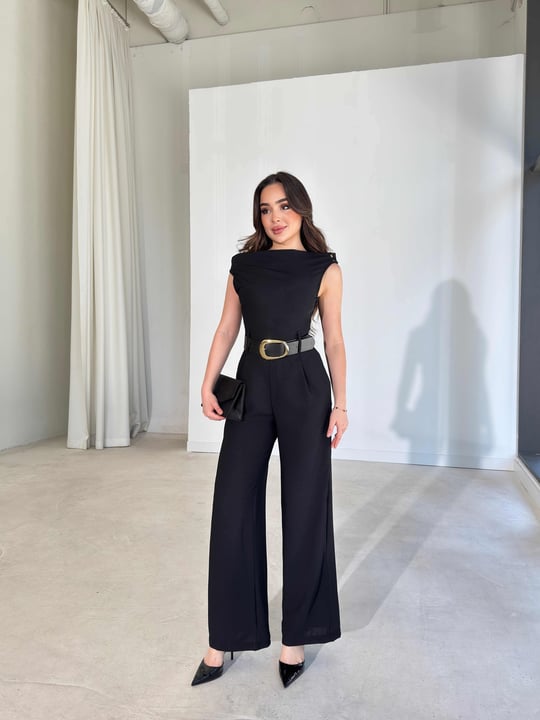 Kemerli Düşük Omuz Siyah Joanne Kadın Tulum 26Y314