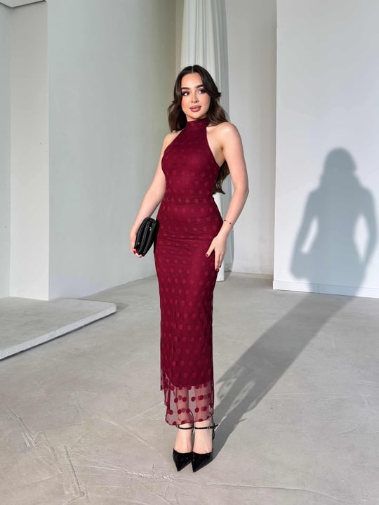 Boyundan Bağlamalı Midi Boy Bordo Jonas Kadın Elbise 26Y284