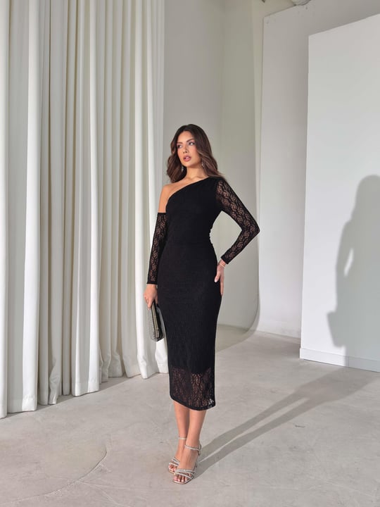 Dantel Tek Omuz Kalmire Siyah Kadın Elbise 26K418