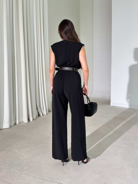 Drape Detaylı Kemerli Siyah Keely Kadın Tulum 26Y386