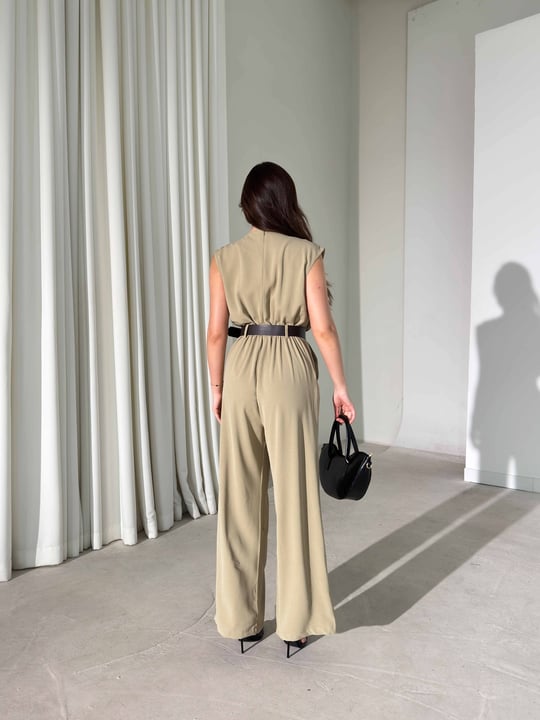 Drape Detaylı Kemerli Haki Keely Kadın Tulum 26Y386