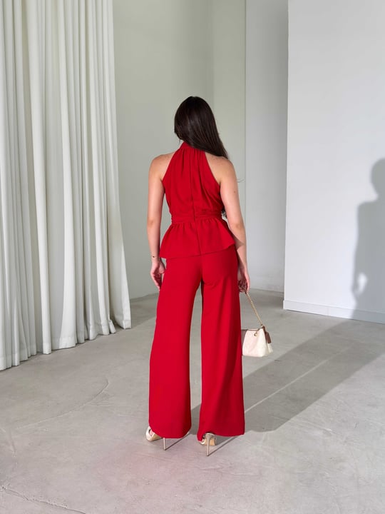 Halter Yaka Aksesuarlı Kırmızı Kendra Kadın Tulum 26Y336