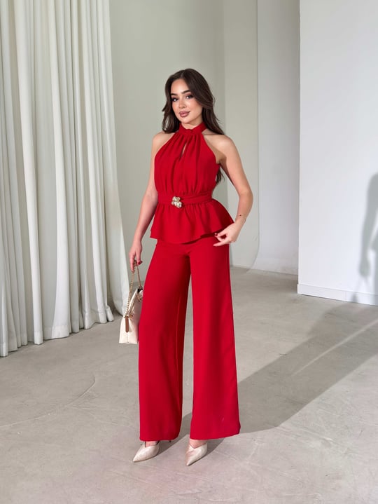 Halter Yaka Aksesuarlı Kırmızı Kendra Kadın Tulum 26Y336