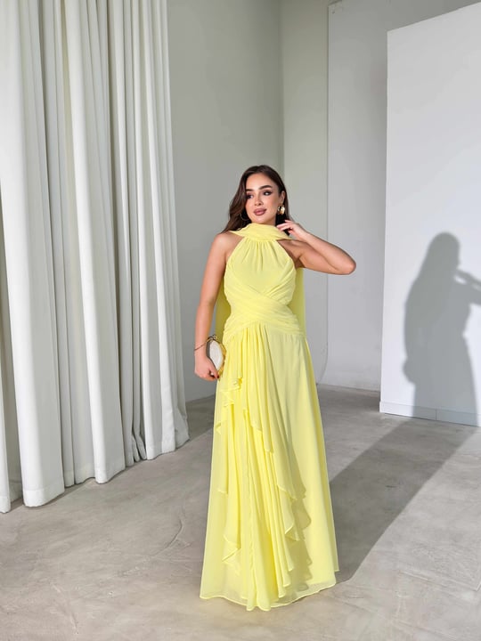 Şallı Pile Detaylı Maxi Boy Sarı Larren Kadın Elbise 26Y395