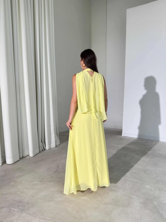 Şallı Pile Detaylı Maxi Boy Sarı Larren Kadın Elbise 26Y395