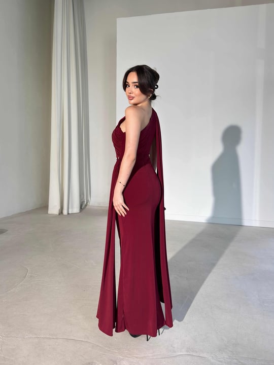 Aksesuarlı Kendinden Şallı Drapeli Bordo Maxi Libby Kadın Elbise 26Y283