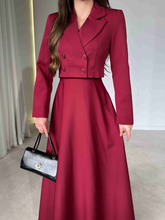 Elbisesi Kare Yaka Maxi Boy Crop Ceket Bordo Lucie İkili Elbise Takım 26Y796