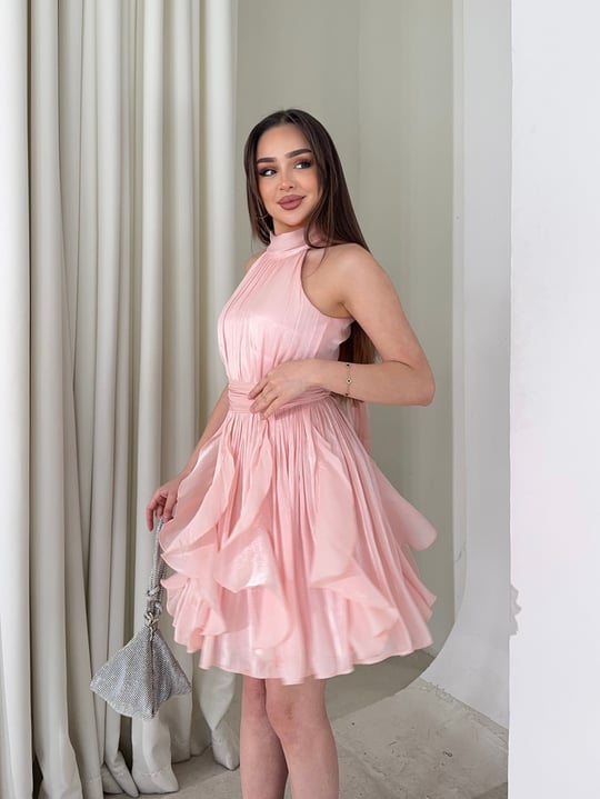 Kemerli Boyundan Bağlamalı Pembe Mayra Kadın Elbise 26Y184