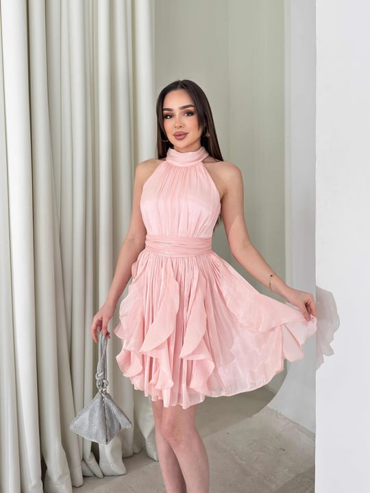Kemerli Boyundan Bağlamalı Pembe Mayra Kadın Elbise 26Y184