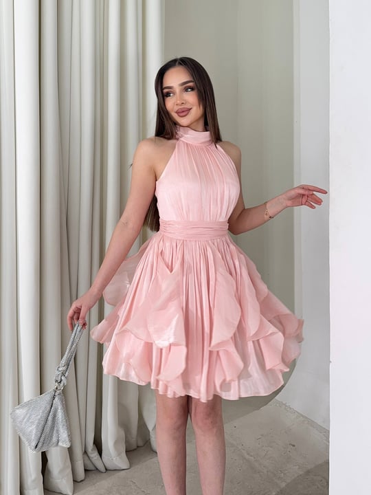 Kemerli Boyundan Bağlamalı Pembe Mayra Kadın Elbise 26Y184
