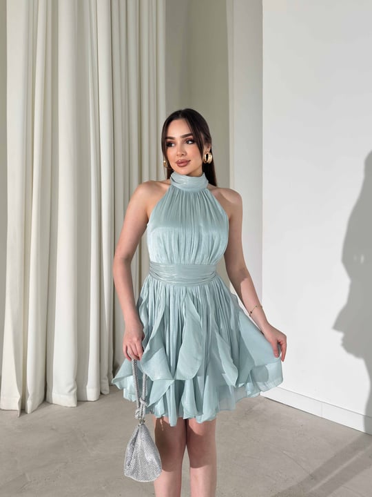 Kemerli Boyundan Bağlamalı Mint Mayra Kadın Elbise 26Y184
