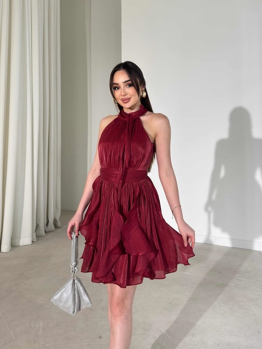 Kemerli Boyundan Bağlamalı Bordo Mayra Kadın Elbise 26Y184