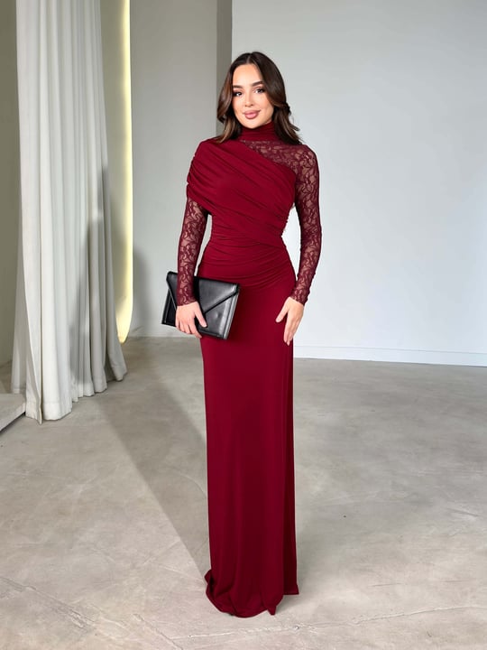 Yandan Drapeli Dantel Detaylı Maxi Boy Bordo Moana Kadın Elbise 26Y715
