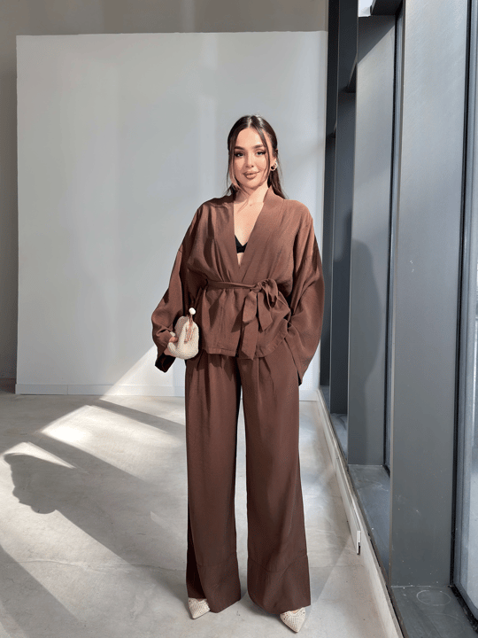 Kemerli Belden Lastikli İkili Kimono Kahverengi Rase Kadın Takım 26Y079