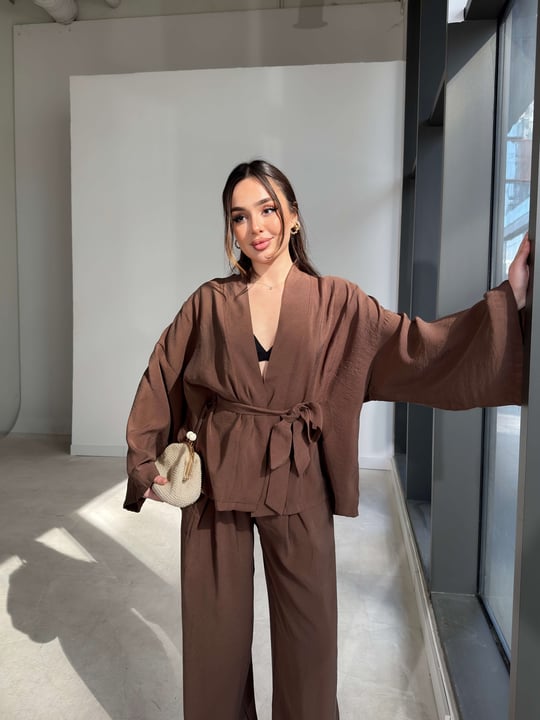 Kemerli Belden Lastikli İkili Kimono Kahverengi Rase Kadın Takım 26Y079