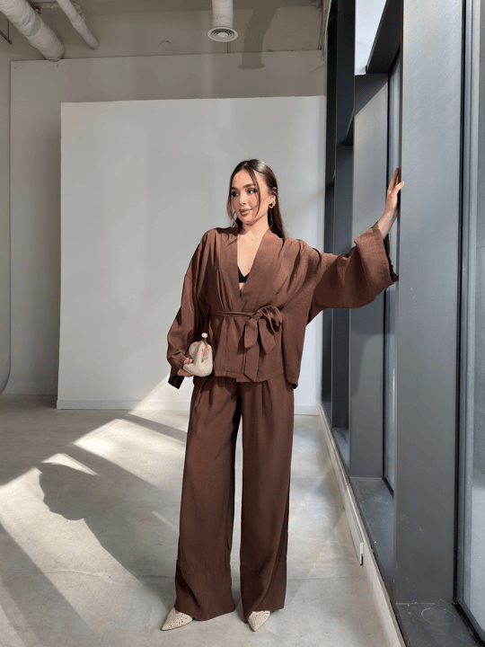 Kemerli Belden Lastikli İkili Kimono Kahverengi Rase Kadın Takım 26Y079