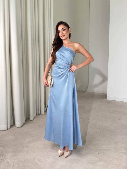 Tek Omuz Pencere Detaylı Maxi Boy Bebe Mavisi Reyna Kadın Elbise 26Y474