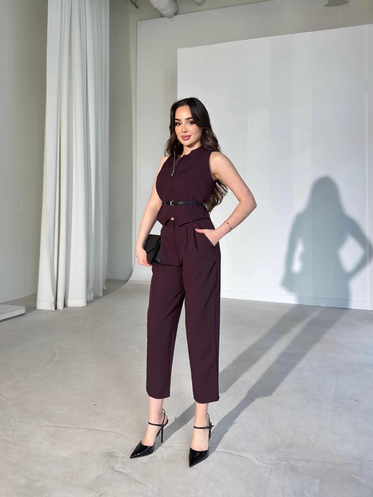 Kemerli Sıfır Kol Mor İkili Ricvey Kadın Takım 26Y246