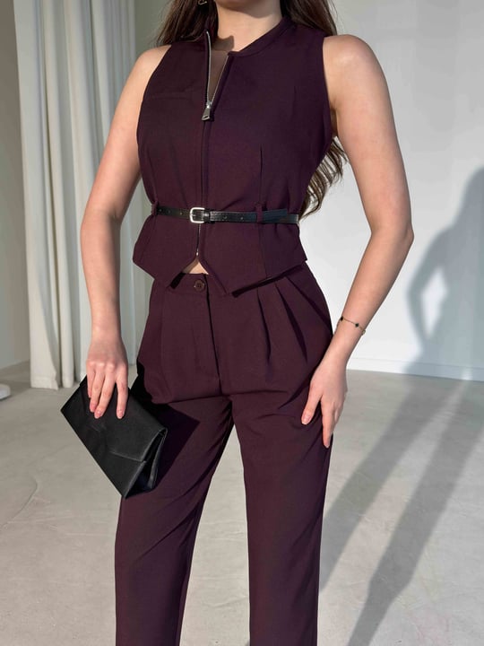 Kemerli Sıfır Kol Mor İkili Ricvey Kadın Takım 26Y246