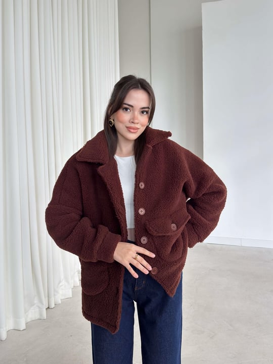 Cepli Yakalı Önü Düğmeli Rila Kahve Kadın Peluş Mont 26K343