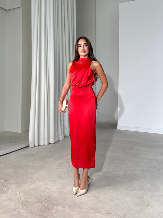 Drape Detaylı Maxi Boy Kırmızı Roya Kadın Elbise 26Y519
