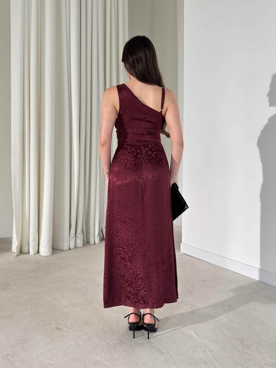 Asimetrik Yaka Aksesuarlı Midi Bordo Sabin Kadın Elbise 26Y214