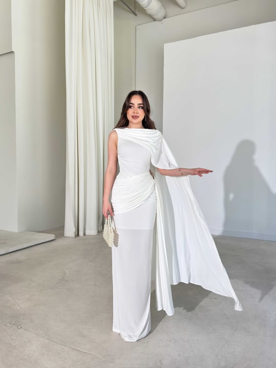Kendinden Pelerinli Aksesuarlı Drape Detaylı Maxi Ekru Sienna Kadın Elbise 26Y239