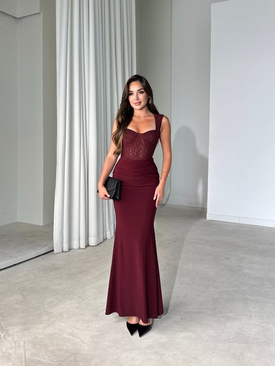 Kalp Yaka Dantel Detaylı Maxi Bordo Tarina Kadın Elbise 26Y524