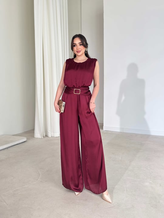 Sıfır Kol Aksesuarlı Bordo Telma Kadın Tulum 26Y207