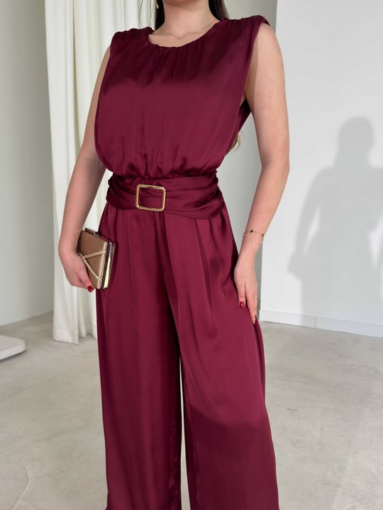Sıfır Kol Aksesuarlı Bordo Telma Kadın Tulum 26Y207