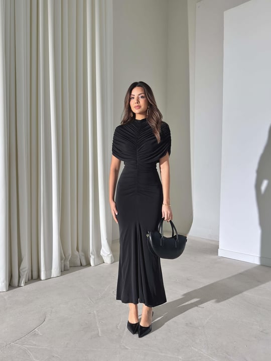 Drapeli Pelerin Dikim Viner Siyah Kadın Elbise 26Y003