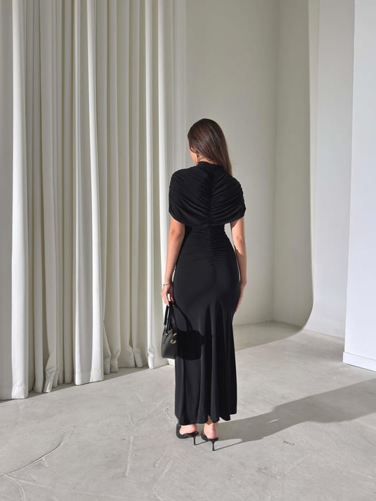 Drapeli Pelerin Dikim Viner Siyah Kadın Elbise 26Y003