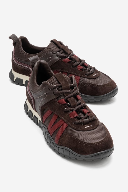210-55106-2-KAHVERENGI/BORDOFIERA Kahverengi Bordo Hakiki Deri Fileli Kadın Günlük Sneaker