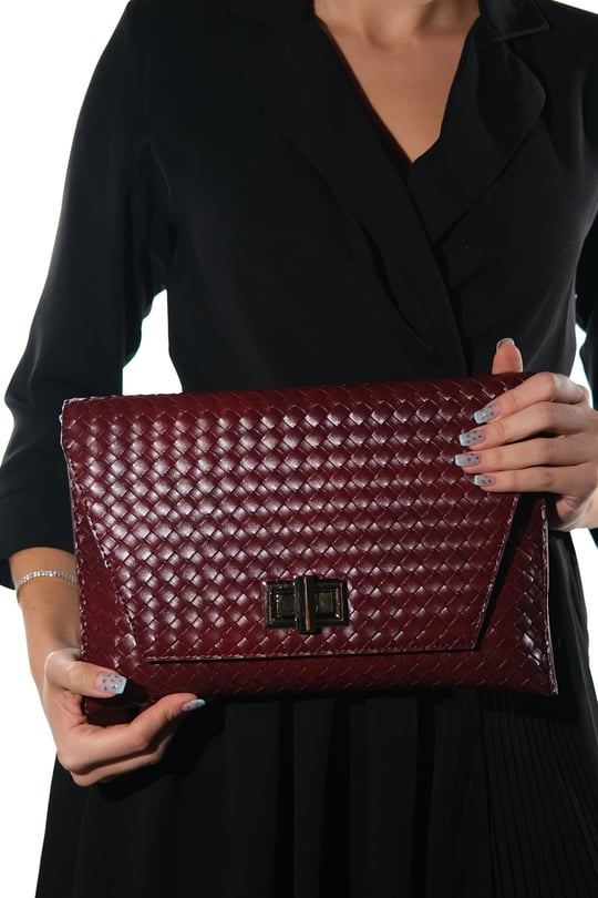 202-25-10-BORDO ORGUMAORI Bordo Örgü Kadın Clutch Çanta