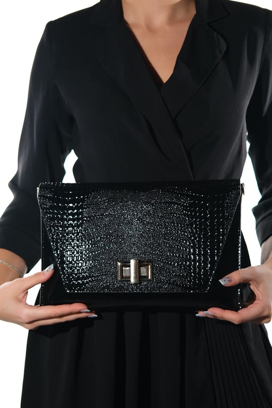 202-25-7-SIYAH BASKI RUGANMAORI Siyah Baskı Rugan Kadın Clutch Çanta