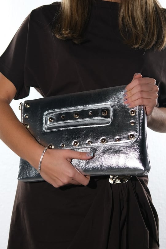 11-YK4801-4-GUMUS CILTMARRY Gümüş Cilt Troklu Kadın Clutch Çanta