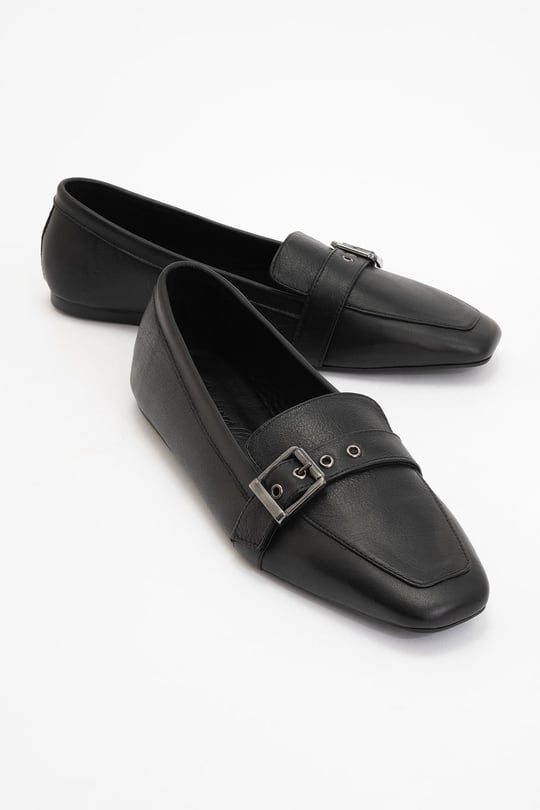 177-32308-1-SIYAH CILTPERIWINKLE Siyah Cilt Hakiki Deri Kemerli Kadın Loafer Ayakkabı