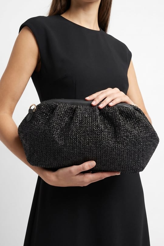 56-561-1-SIYAH HASIRVIEL Siyah Hasır Dokulu Kadın Clutch Çanta