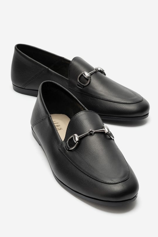63-f03-13F03 Siyah Cilt Hakiki Deri Kadın Loafer Ayakkabı