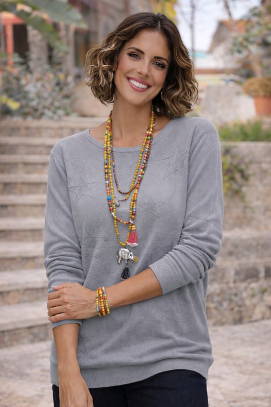 Gri Renk Yıldızlı Merserize Bluz