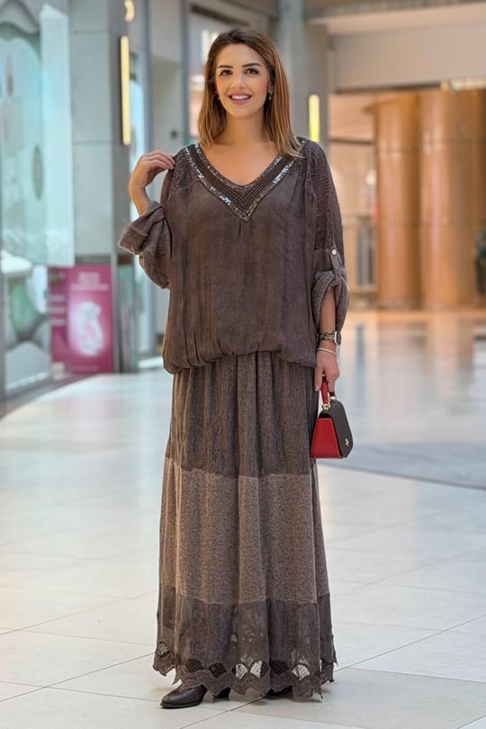 Kahverengi İtalyan Yünlü Etek Bluz İkili Takım