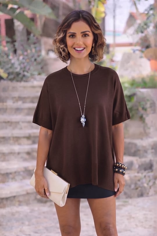 Kahverengi Oversize Triko Bluz