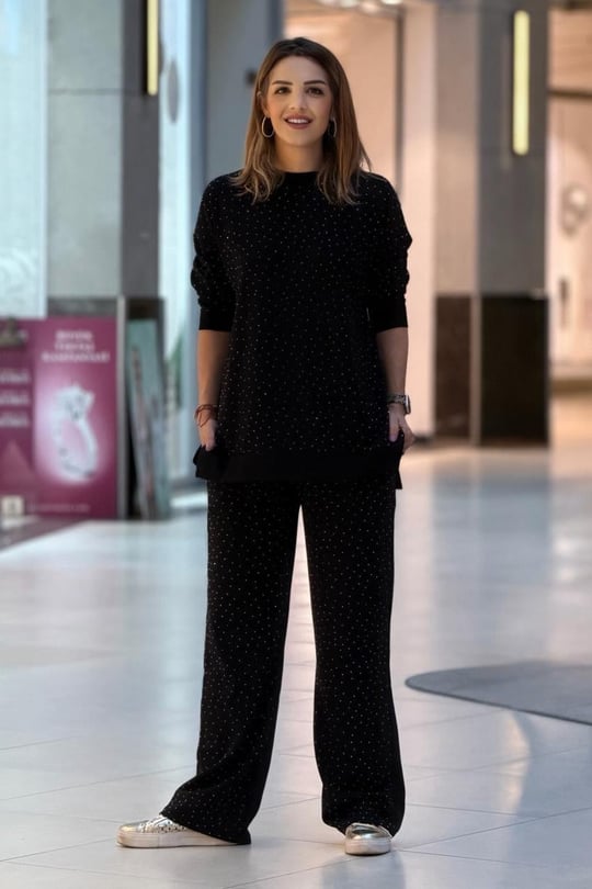 Siyah Işıltılı Modal Kumaş Eşofman Takım