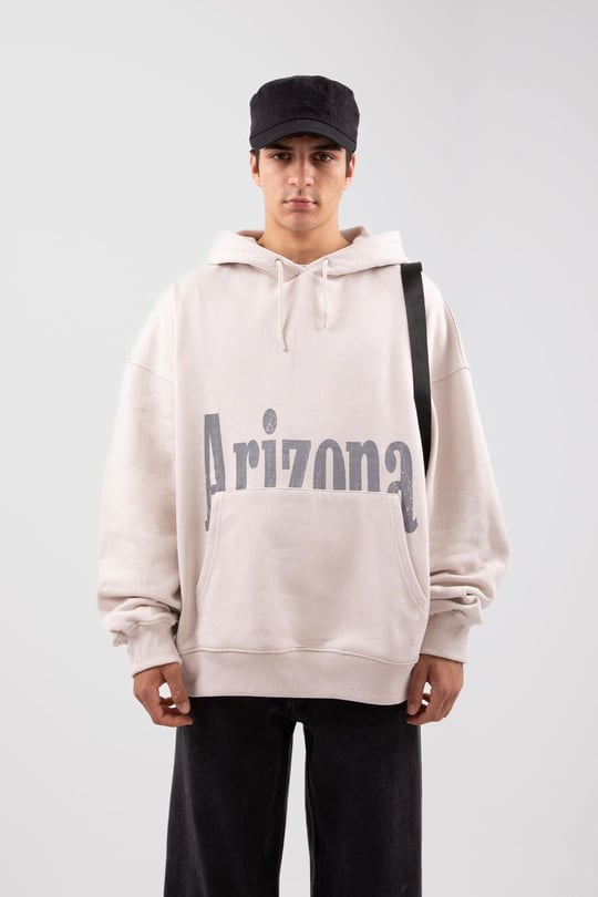 Arizona Baskılı Oversize Bej Oversize Hoodie
