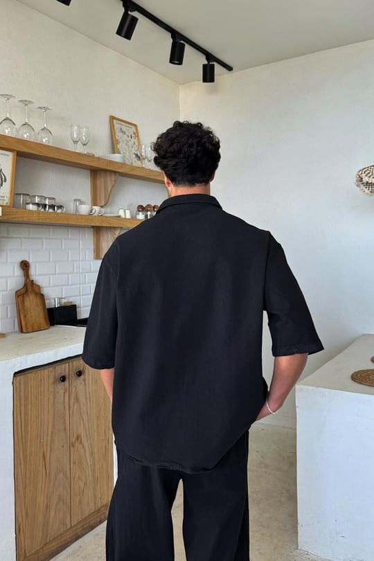Basic Oversize Kısa Kol Keten Gömlek Siyah